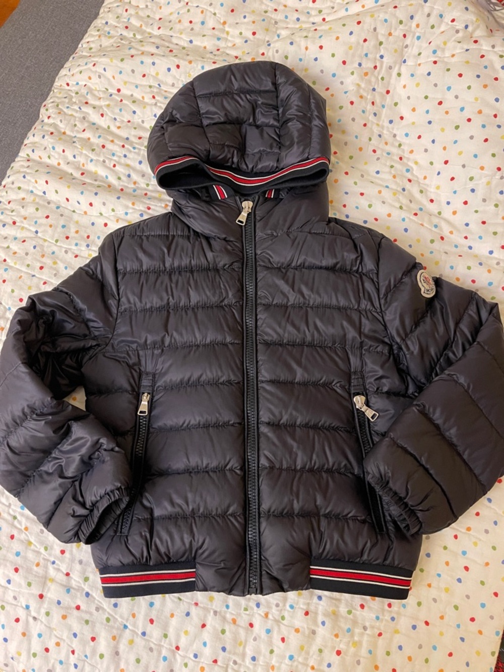 Moncler Kids Black Hooded Quilted Puffer Jacket with Stripe Trim